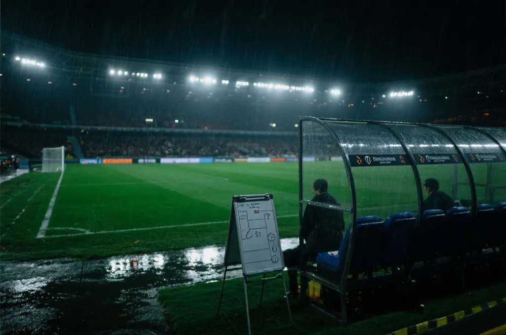 世界杯淘汰赛夜晚球场，雨后灯光下的草皮与战术板，氛围紧张